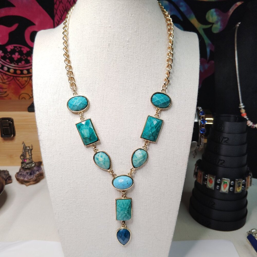 Gold Tone Statement Necklace Faceted Acrylic Beads 17" Drop Adjustable